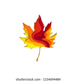 Paper cut autumn maple leaf shape 3D design. Template of lettering for postcard, banner, poster, placard.  Colorful vector illustration.