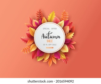 paper cut of Autumn season ,colorful autumn leaves on  background. Vector illustration.