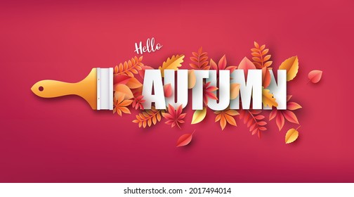 paper cut of Autumn season ,colorful autumn leaves and brush on  background. Vector illustration.