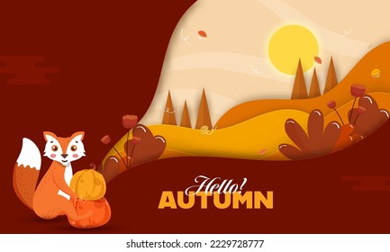 Paper Cut Autumn Sun Landscape Background With Cartoon Fox Holding Pumpkins Illustration.