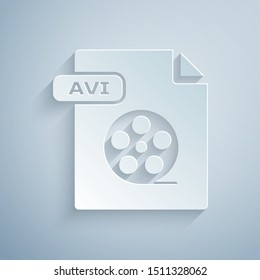 Paper cut AVI file document. Download avi button icon isolated on grey background. AVI file symbol. Paper art style. Vector Illustration