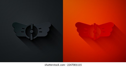 Paper cut Aviation emblem icon isolated on black and red background. Military and civil aviation icons. Flying emblem, eagle bird wing and winged frame. Paper art style. Vector
