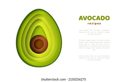 Paper cut avocado fruit icon, papercut art. Modern origami vegan logo, vegetable oil design template. Healthy keto food recipes creative concept. Vector illustration.
