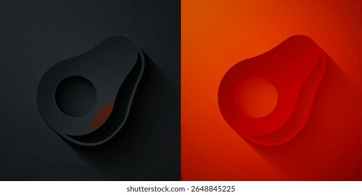 Icono de fruta de aguacate cortado en papel aislado sobre fondo negro y rojo. Estilo de arte de papel. Vector