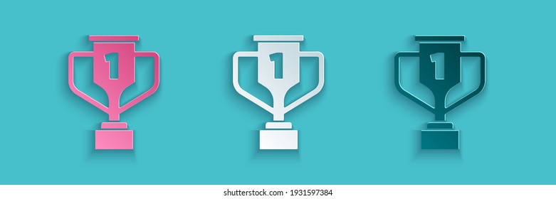 Paper cut Award cup with golf icon isolated on blue background. Winner trophy symbol. Championship or competition trophy. Sports achievement sign. Paper art style. Vector