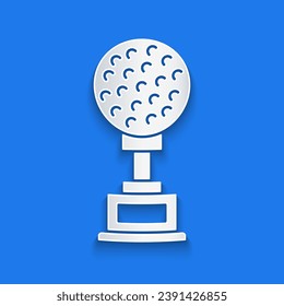 Paper cut Award cup with golf icon isolated on blue background. Winner trophy symbol. Championship or competition trophy. Sports achievement sign. Paper art style. Vector