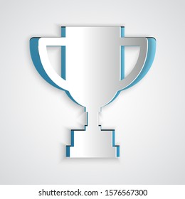 Paper cut Award cup icon isolated on grey background. Winner trophy symbol. Championship or competition trophy. Sports achievement. Paper art style. Vector Illustration