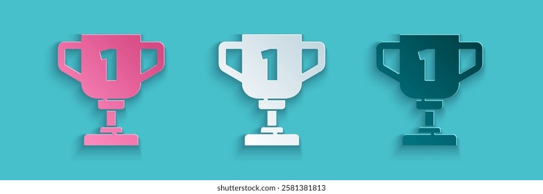 Paper cut Award cup icon isolated on blue background. Winner trophy symbol. Championship or competition trophy. Sports achievement sign. Paper art style. Vector