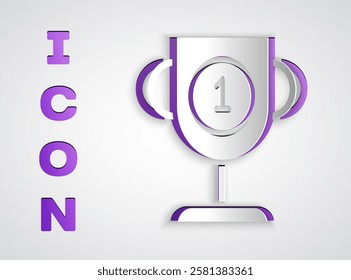 Paper cut Award cup icon isolated on grey background. Winner trophy symbol. Championship or competition trophy. Sports achievement sign. Paper art style. Vector Illustration