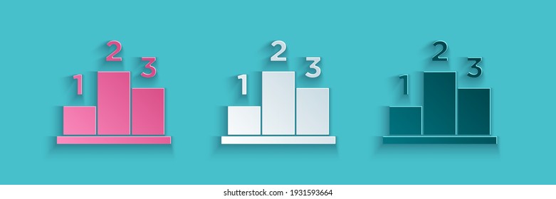 Paper cut Award over sports winner podium icon isolated on blue background. Paper art style. Vector