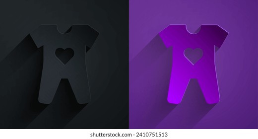 Paper cut Baby clothes icon isolated on black on purple background. Baby clothing for baby girl and boy. Baby bodysuit. Paper art style. Vector