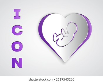 Paper cut Baby inside heart icon isolated on grey background. Paper art style. Vector