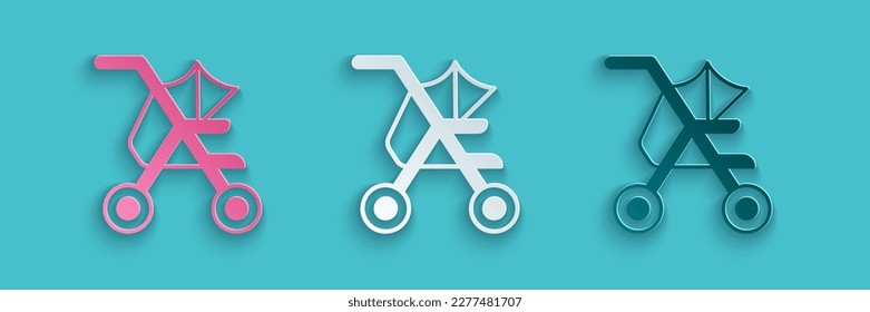 Paper cut Baby stroller icon isolated on blue background. Baby carriage, buggy, pram, stroller, wheel. Paper art style. Vector