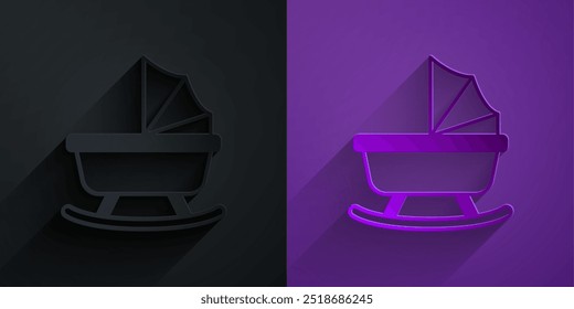 Paper cut Baby stroller icon isolated on black on purple background. Baby carriage, buggy, pram, stroller, wheel. Paper art style. Vector