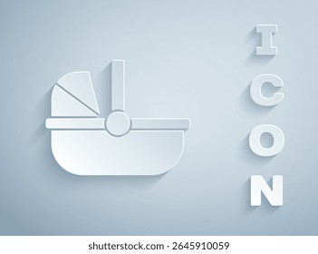 Paper cut Baby stroller icon isolated on grey background. Baby carriage, buggy, pram, stroller, wheel. Paper art style. Vector
