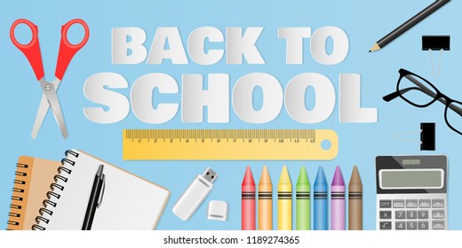 Paper cut of Back to school text with school supplies on blue background. Vector illustration