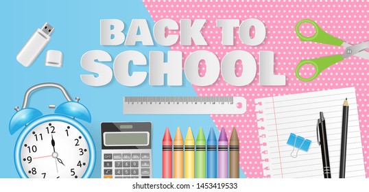 Paper cut of Back to school text with school supplies on blue and pink paper background. Vector illustration