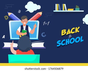 Paper Cut Back To School Text with Teacher Teaching to Girl in Laptop, Color Pencils and Books on Blue Background.