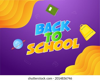 Paper Cut Back To School Text With Education Elements And Orange Paper Overlay Wave On Purple Background.