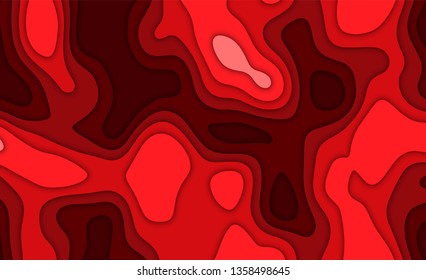 Paper cut background. Abstract realistic paper decoration for design textured with cardboard wavy red layers. 3d Relief. Carving art. Vector illustration. Cover layout design template.