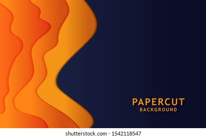 Paper cut background. Abstract realistic paper decoration for design textured with cardboard wavy orange layers. 3d Relief. Carving art. Vector illustration. Cover layout design template.
