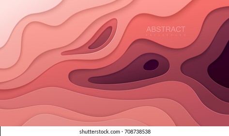 Fondo de corte de papel. Decoración de papel realista abstracta para el diseño texturado con capas rosadas onduladas de cartón. 3d Alivio. Dibujo artístico. Plantilla de diseño de diseño de portada.