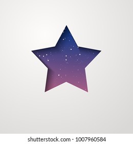 Paper cut background. Abstract trendy star shaped cutout 3d decoration with shadow. Blue star icon symbol. Outer space motif design template. Laser cutting element. Vector illustration
