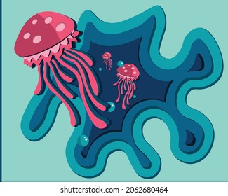 paper cut background of blue tones with pink jellyfish