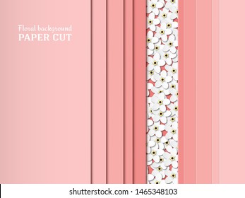 Paper cut background coral color. Delicate white flowers of forget-me-not. Design of smooth lines and shapes with space for text. Poster, banner, brochure. Vector illustration
