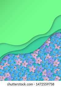 Paper cut background. Delicate blue, pink, purple flowers forget-me-not. Summer floral design in green. Poster, banner, brochure. Vector illustration