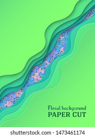 Paper cut background. Delicate blue, pink, purple flowers forget-me-not. Summer floral design in green. Poster, banner, brochure. Vector illustration