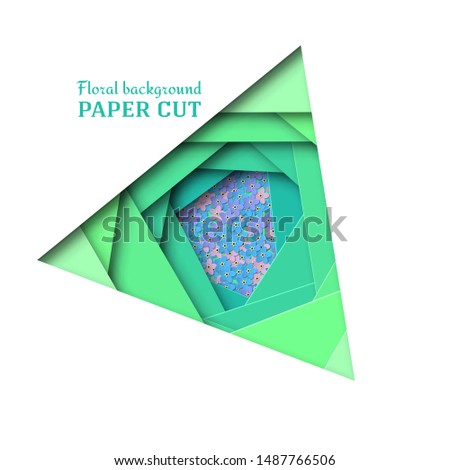 Paper cut background. Delicate blue, pink, purple flowers forget-me-not. Summer floral design in green. Poster, banner, brochure. rectilinear shape. Vector illustration
