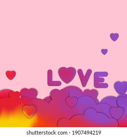 
Paper cut. Background with hearts and clouds in orange and purple tones. Valentine's Day.