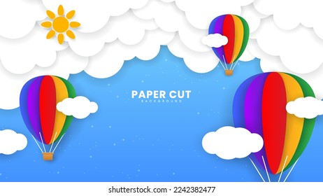 Papierschnitt Hintergrund mit Heißluftballonverzierung. Sommerthema Hintergrund. Geeignet für Banner, Plakate, Flyer, Broschüren oder Präsentationshintergründe