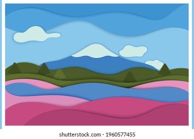 Paper cut background. Landscape scene with mountain.