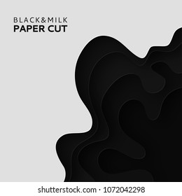 Paper cut background with milk. Abstract soft poster textured wavy layers. Black and white background. Imitation relief topography. Threading handicrafts. Cover design template. Vector illustration