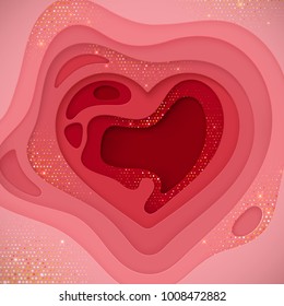 Paper cut background. Pink paper layered heart shape textured with shiny golden strass. Abstract jewelry decoration for wedding or Valentines Day design. Carving art. Vector illustration.