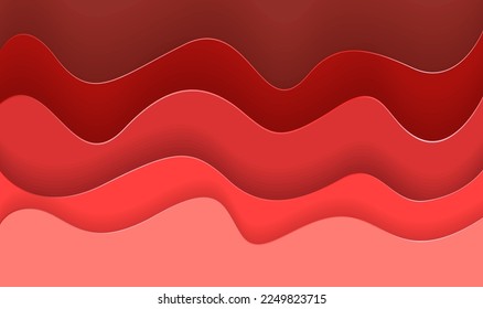 Paper cut background. Red abstract wave shapes,Trendy 3D design	