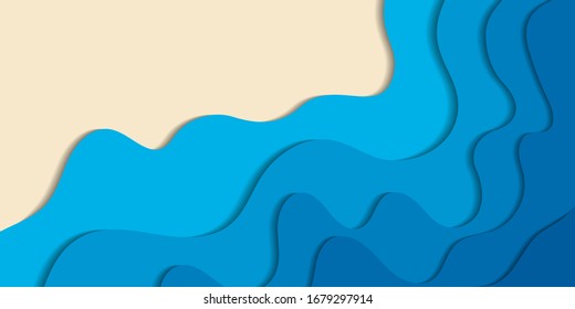 Paper cut background. Template water in origami style. Carved backdrop ocean. Vector illustration with layered blue sea. Design for card, brochure, cover, banner, booklet, blank, wallpaper. Stock.