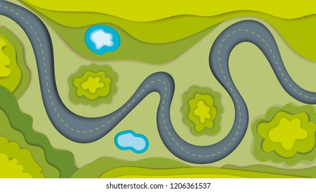 paper cut background, vector illustration, paper art, landscape, which shows the road, view of the road from space or a bird's eye view