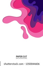 Paper cut background. Vertical banner with 3D wavy shapes layers. Abstract realistic paper design. Purple and pink carving art. Vector design layout for flyers, posters, invitations.