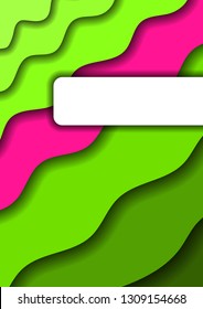 Paper cut background vertical from green layers and one pink band for business presentations, flyers, posters, banner, greeting card. Vector illustration.