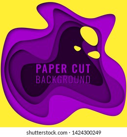 Paper cut background. Violet and yellow 3d abstract background. 