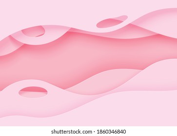 Fondo de corte de papel con ondas y agujero. Fondo abstracto rosado 3d, capas onduladas lisas. Concepto de cáncer de mama femenino. Plantilla de afiche horizontal en color rosa pastel. Ilustración de tarjeta vectorial femenina