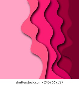 Fondo de corte de papel con ondas y agujero. Fondo abstracto 3D rosa, capas onduladas suaves. Concepto de Cáncer de Mama para Mujeres. Horizontal Plantilla de póster en color rosa pastel. Ilustración de tarjeta de Vector femenino