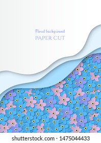 Paper cut background in white. Delicate blue, pink, purple flowers forget-me-not. Multi-layered embossed design with space for text. Poster, banner, brochure. Vector illustration
