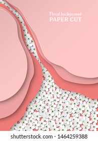 Paper cut background. White flowers forget-me-not. Design of smooth lines with place for text. Vector illustration