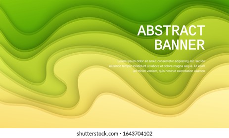 Fondo de corte de papel de color amarillo y verde. Cartel de papel amarillo blando abstracto texturado con capas onduladas. Artesanía. Ilustración del vector EPS 10. Plantilla de diseño de diseño de portada