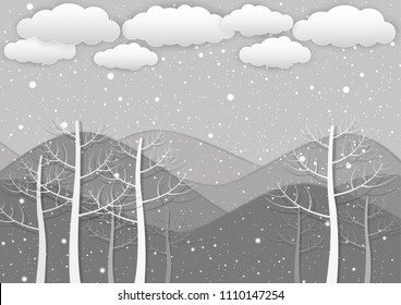 Paper cut backgroung, snow falling  to mountains full of deciduous trees on grey background
