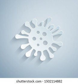 Paper cut Bacteria icon isolated on grey background. Bacteria and germs, microorganism disease causing, cell cancer, microbe, virus, fungi. Paper art style. Vector Illustration